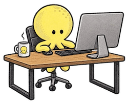 Mascotte Poulpemedia pensive devant un ordinateur portable