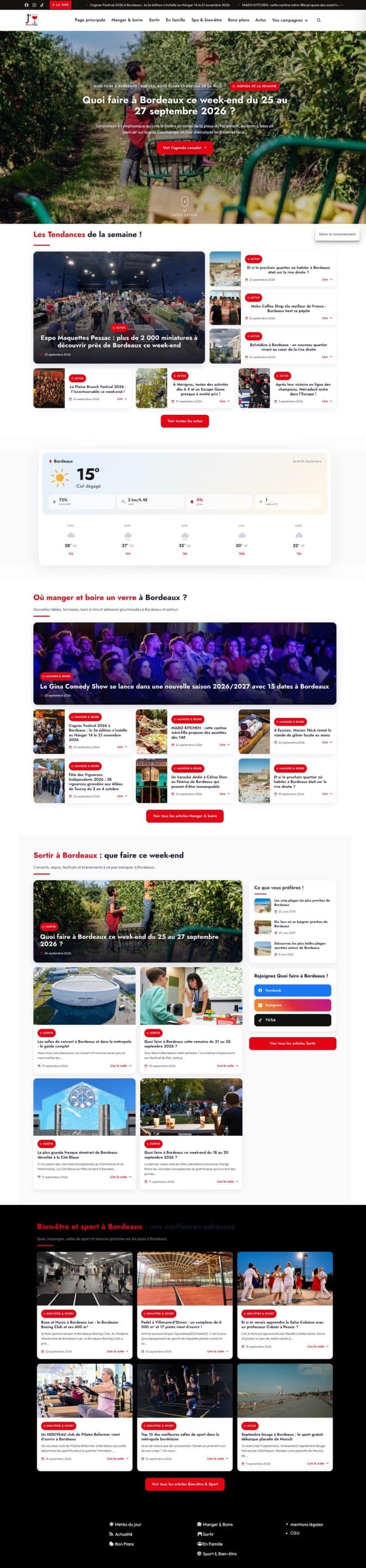 Vue complète de la page d’accueil redesignée de Quoi Faire à Bordeaux