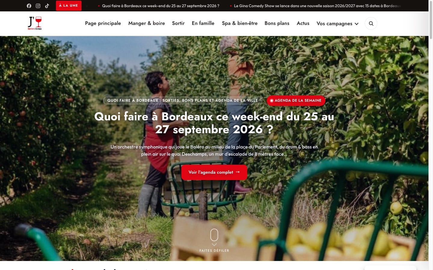 Page d’accueil du site Quoi Faire à Bordeaux après refonte par Poulpe Média