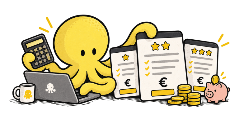 Le poulpe de Poulpemedia compare trois formules de prix de site internet, calculatrice en main